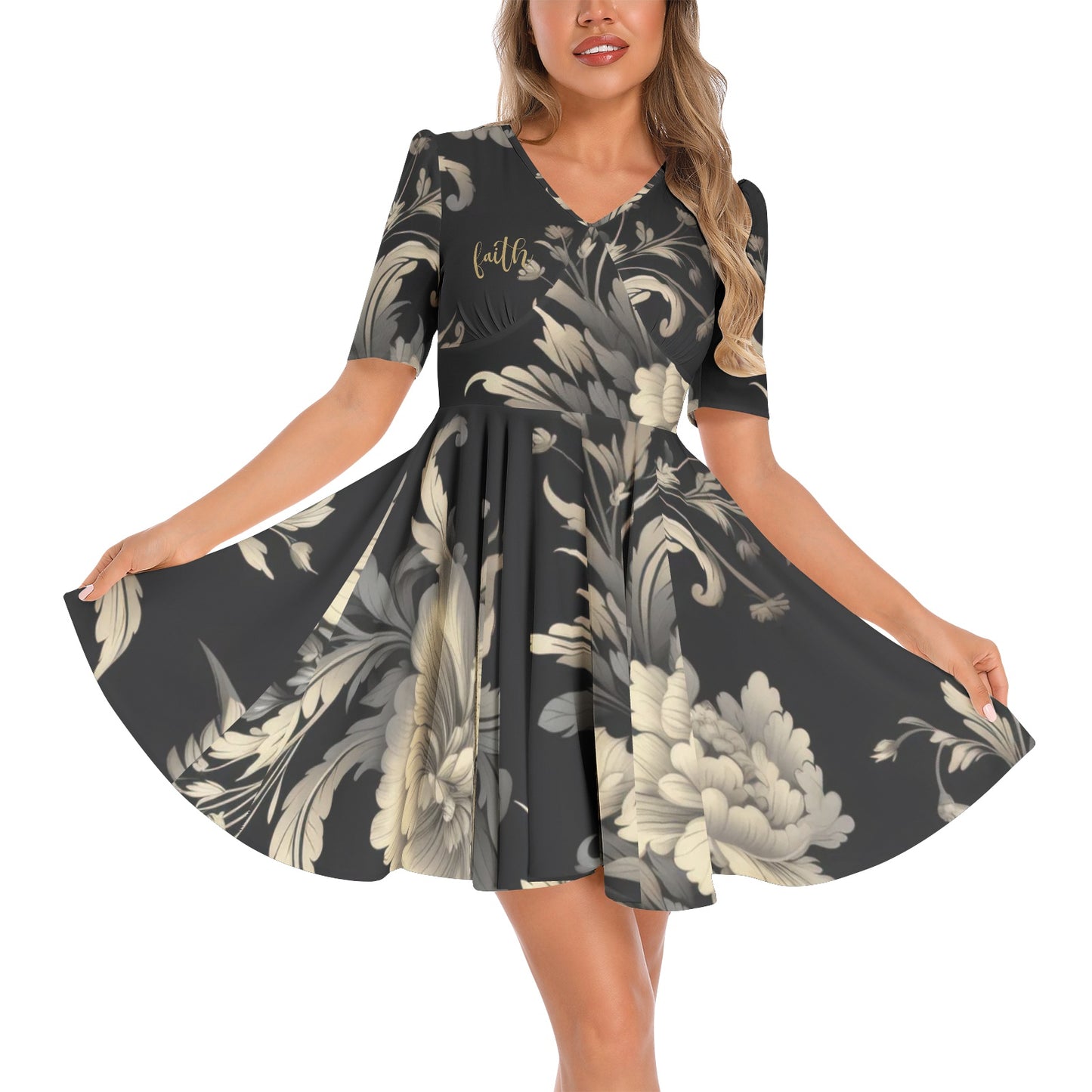 "Faith" Black & Cream Floral Short Sleeve Ruched Bust Flared Hem Dress