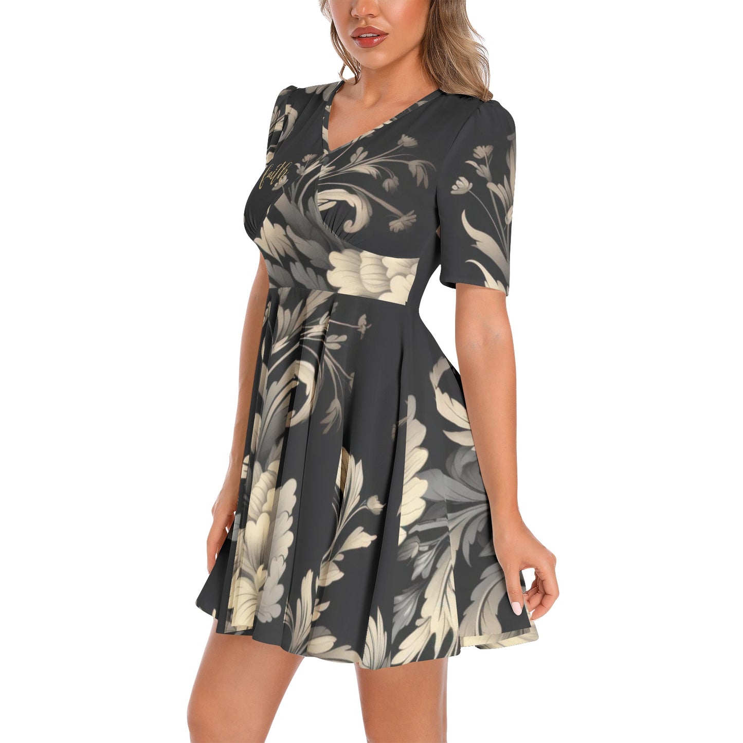 "Faith" Black & Cream Floral Short Sleeve Ruched Bust Flared Hem Dress