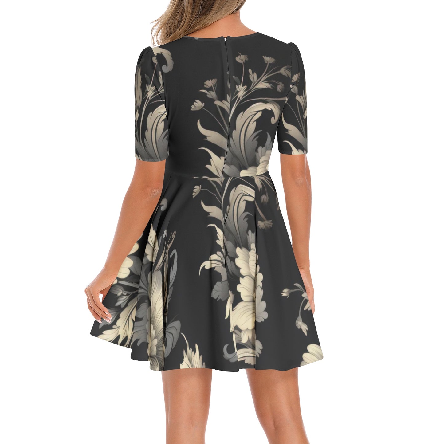 "Faith" Black & Cream Floral Short Sleeve Ruched Bust Flared Hem Dress