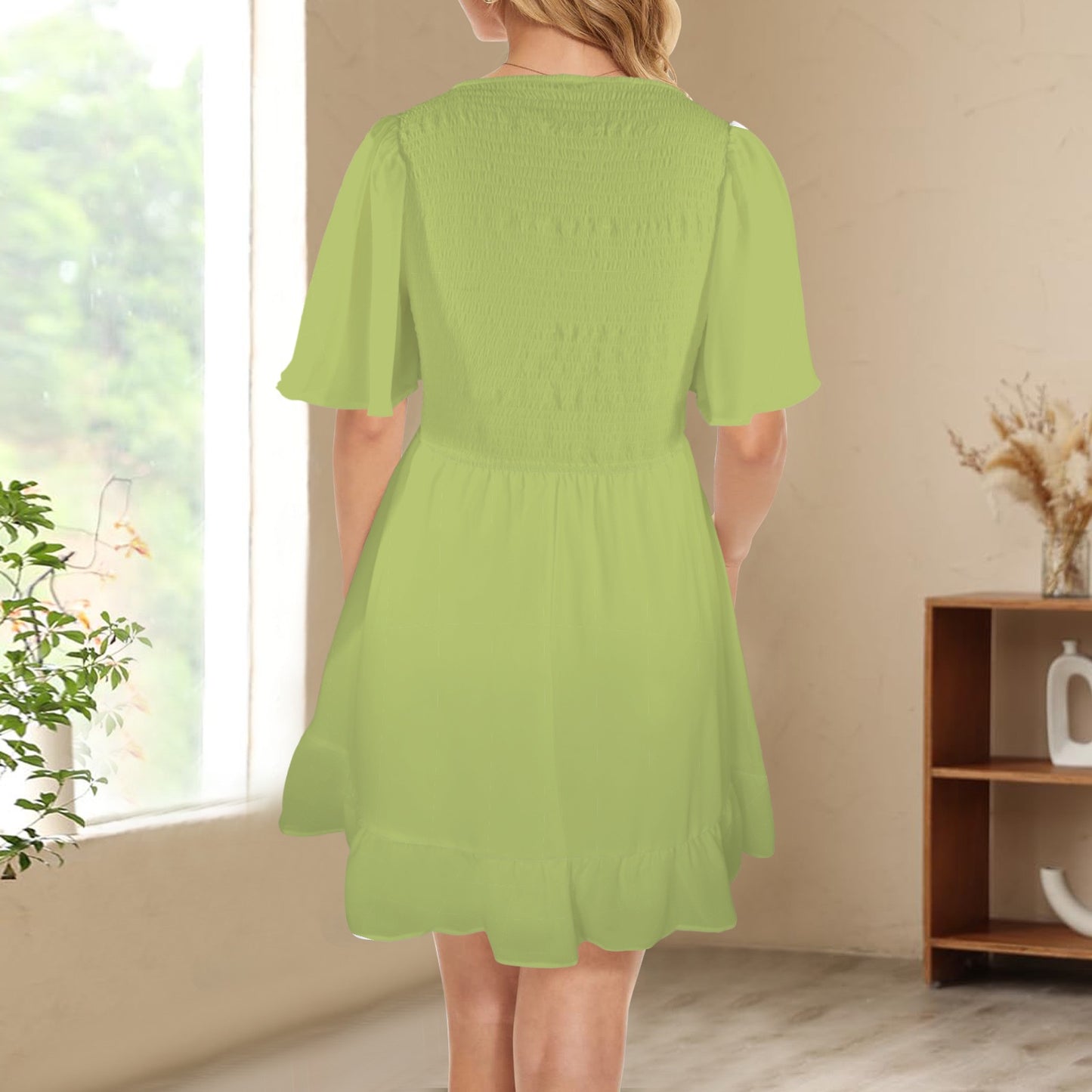 Green Grape V-Neck Pleated Ruffle Hem Casual Dress