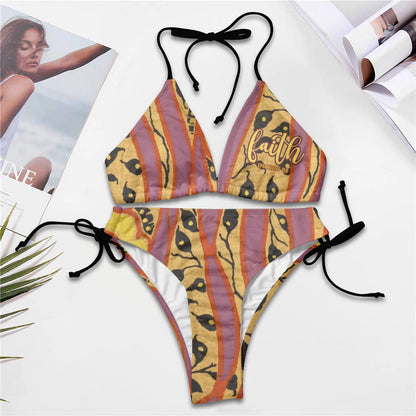 "Faith Ephesians 2:8"  Yellow & Purple Stripe Women's String Bikini Set