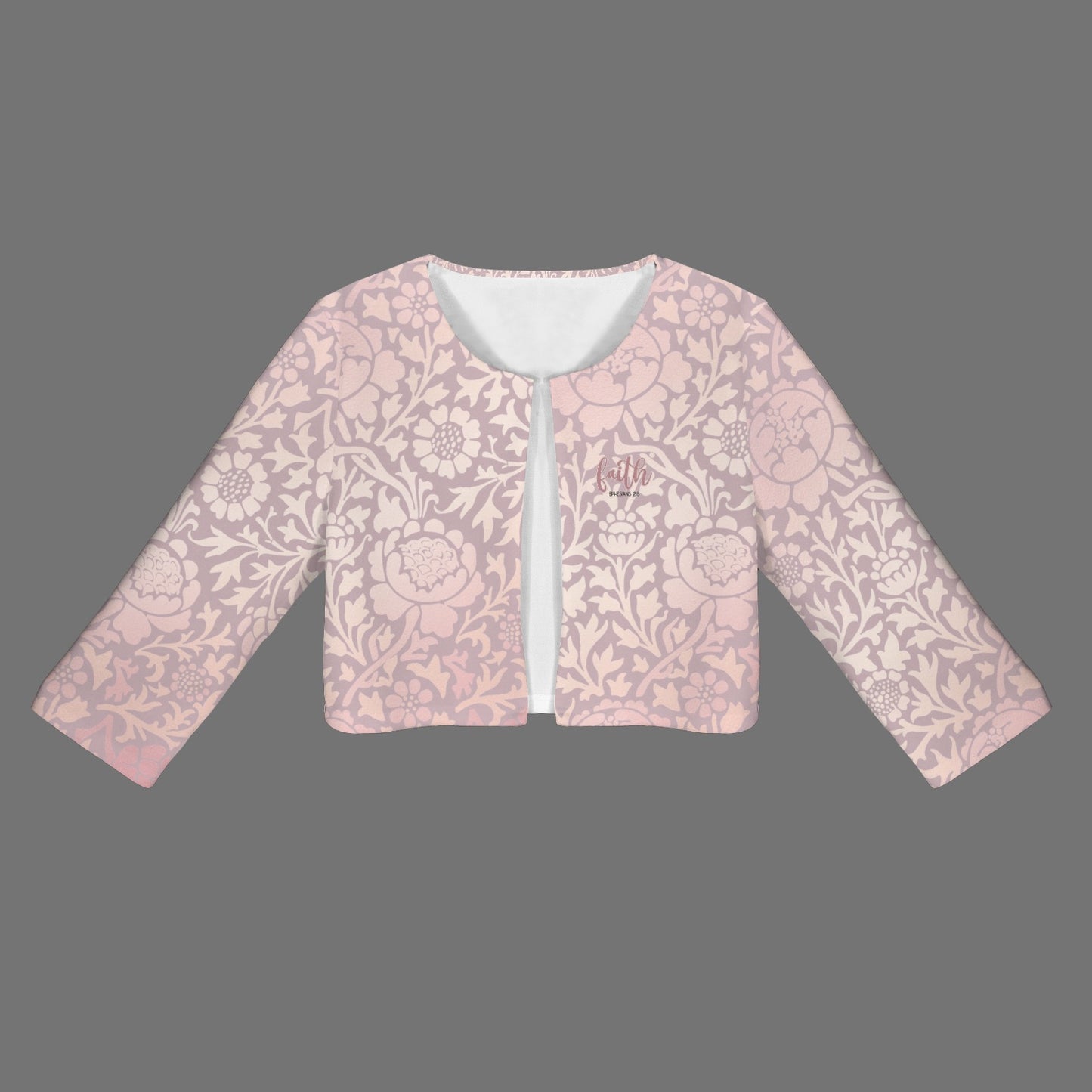 "Faith Ephesians 2:8" Pink Floral Women's Open Front Cropped BlazerWomen's Open Front Cropped Blazer