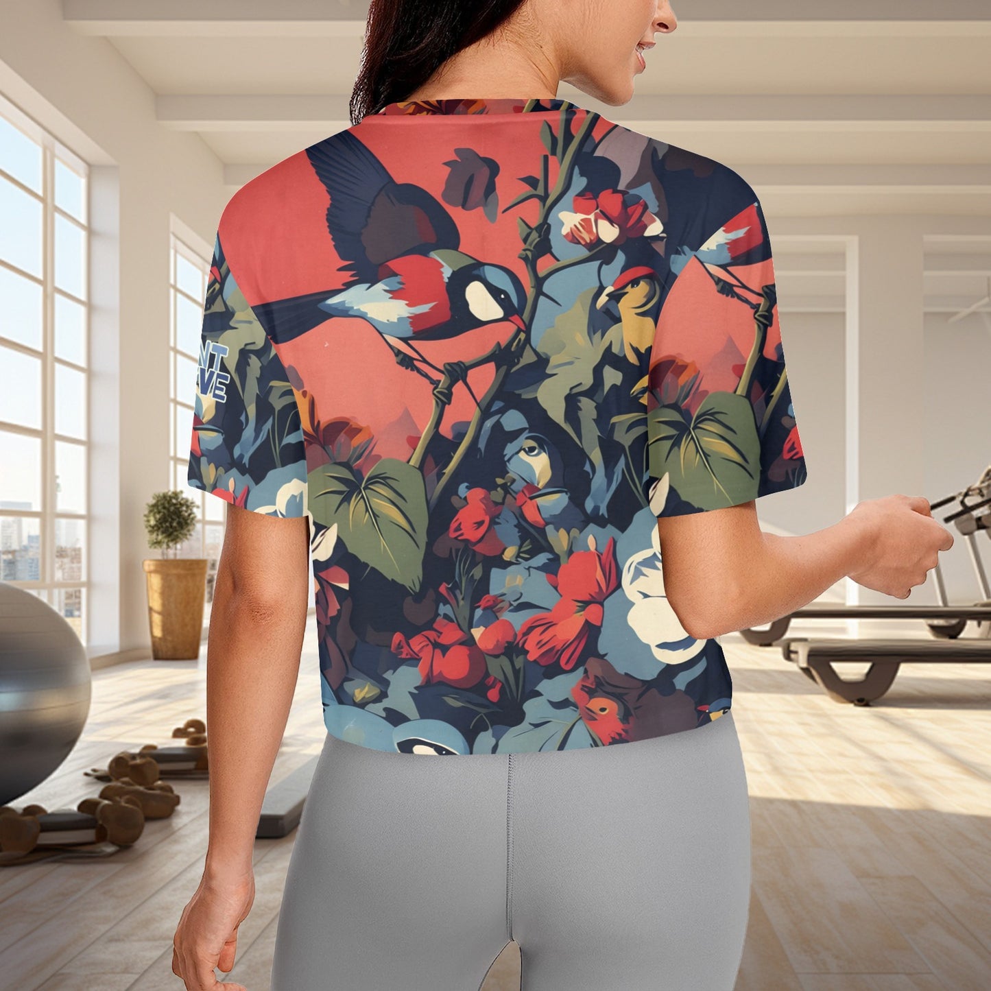 "Repent & Believe" Blue Green Bird floral Women's Short Sleeve Cropped Crew Neck T-Shirt