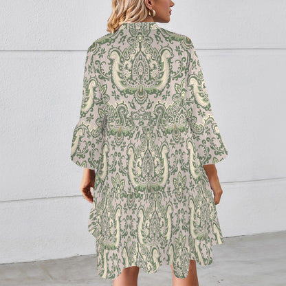 "Repent & Believe" Green Cream Damask Women's Flared Sleeve Button Tiered Shirt Dress