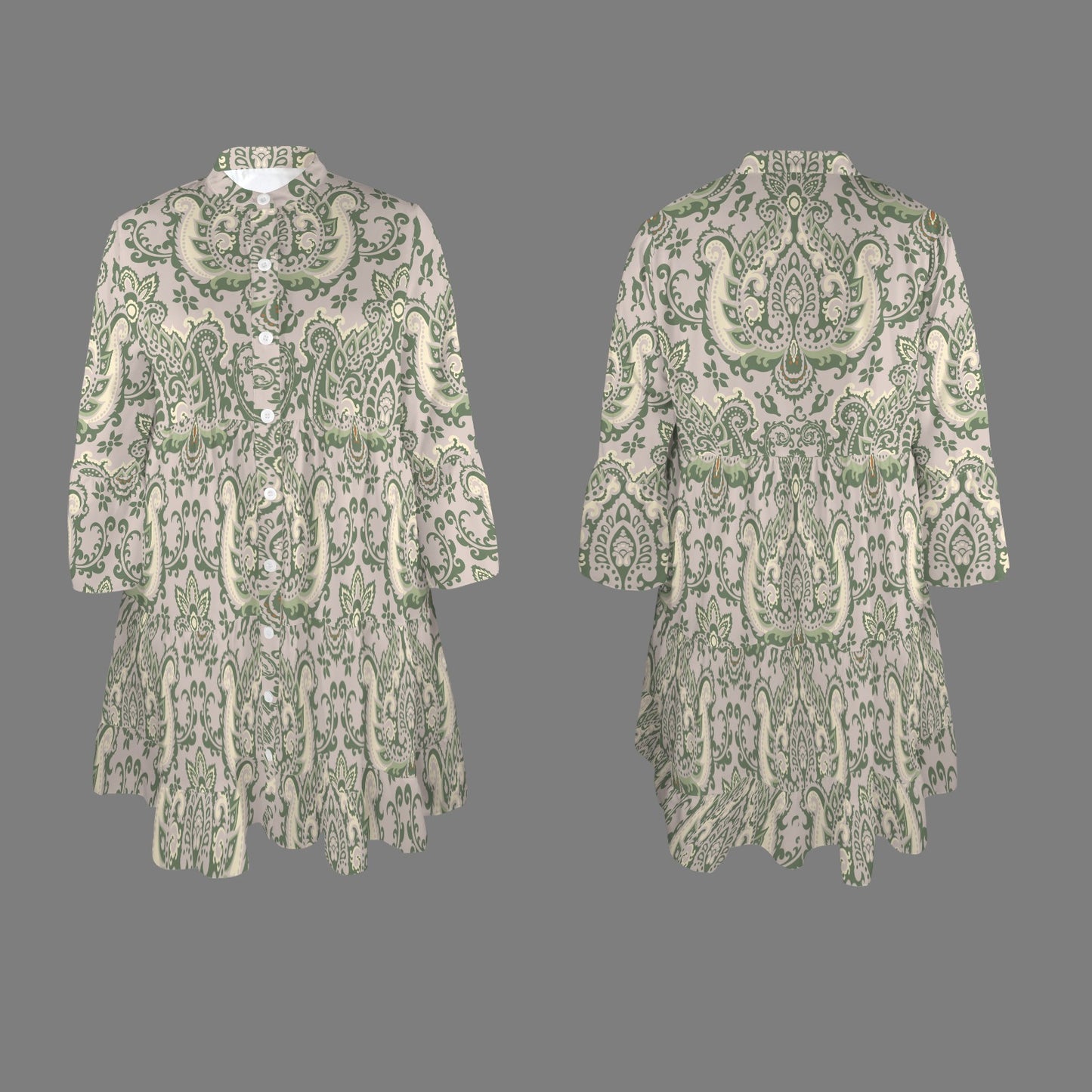 "Repent & Believe" Green Cream Damask Women's Flared Sleeve Button Tiered Shirt Dress
