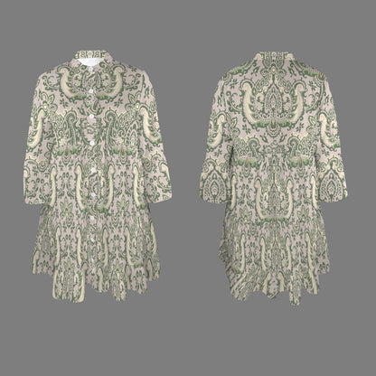 "Repent & Believe" Green Cream Damask Women's Flared Sleeve Button Tiered Shirt Dress