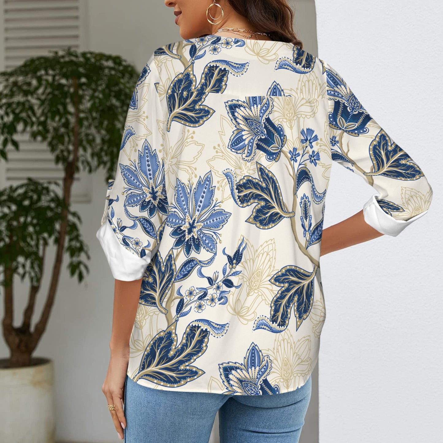 "Jesus is King" Floral Women's V-Neck Cuffed Sleeve Blouse Tops