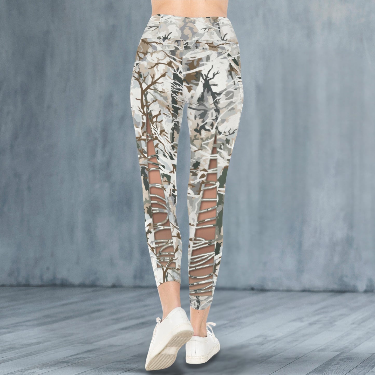 Repent & Believe White Camo Faux Skin Lace-up Women's High Waist Pockets Yoga Leggings