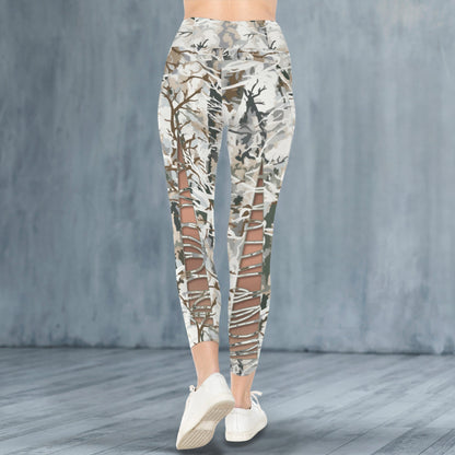 Repent & Believe White Camo Faux Skin Lace-up Women's High Waist Pockets Yoga Leggings