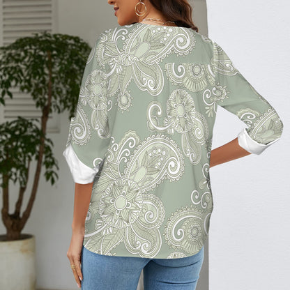 "Repent & Believe" Green Paisley Women's V-Neck Cuffed Sleeve Blouse Tops