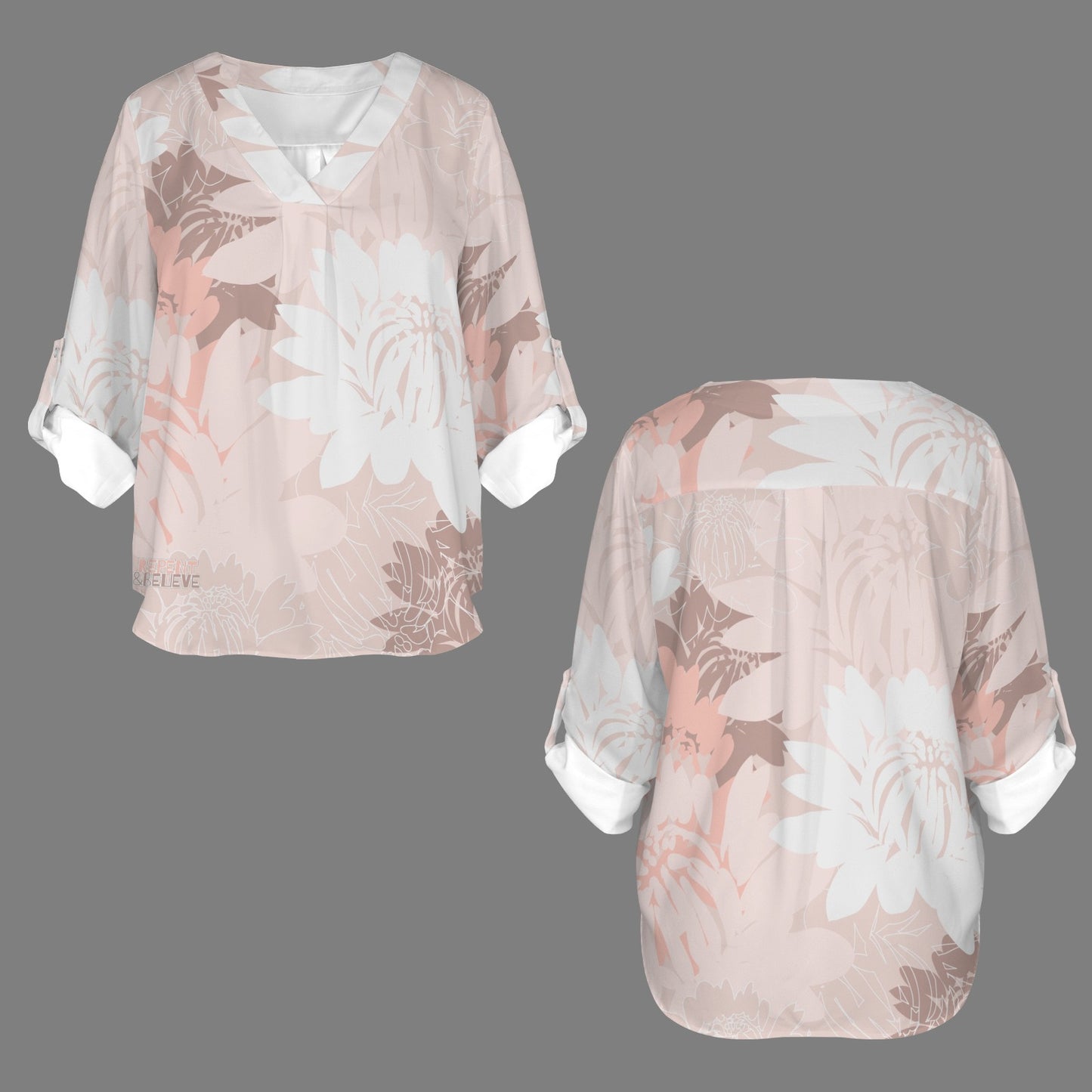 "Repent & Believe" Pink Floral Women's V-Neck Cuffed Sleeve Blouse Tops
