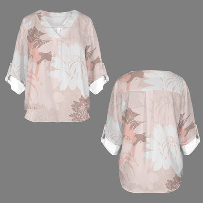 "Repent & Believe" Pink Floral Women's V-Neck Cuffed Sleeve Blouse Tops