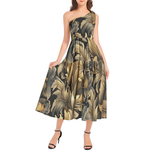 "Faith Ephesians 2:8" Black & Gold  Floral Ruffle Hem One Shoulder Midi Dress