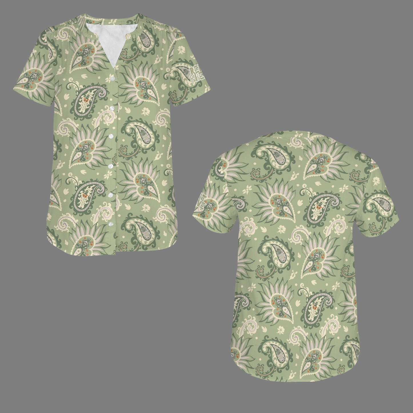 "Repent & Believe" Green Paisley Women's V-Neck Button Short Sleeve Blouse Tops