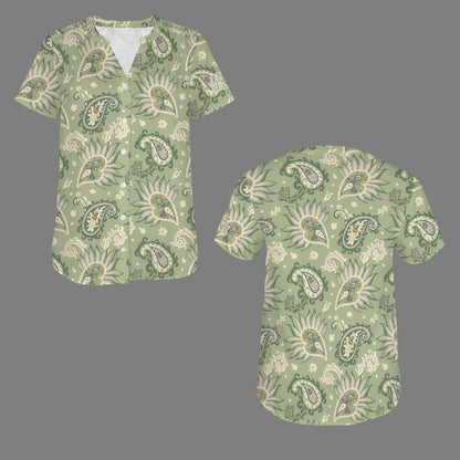"Repent & Believe" Green Paisley Women's V-Neck Button Short Sleeve Blouse Tops