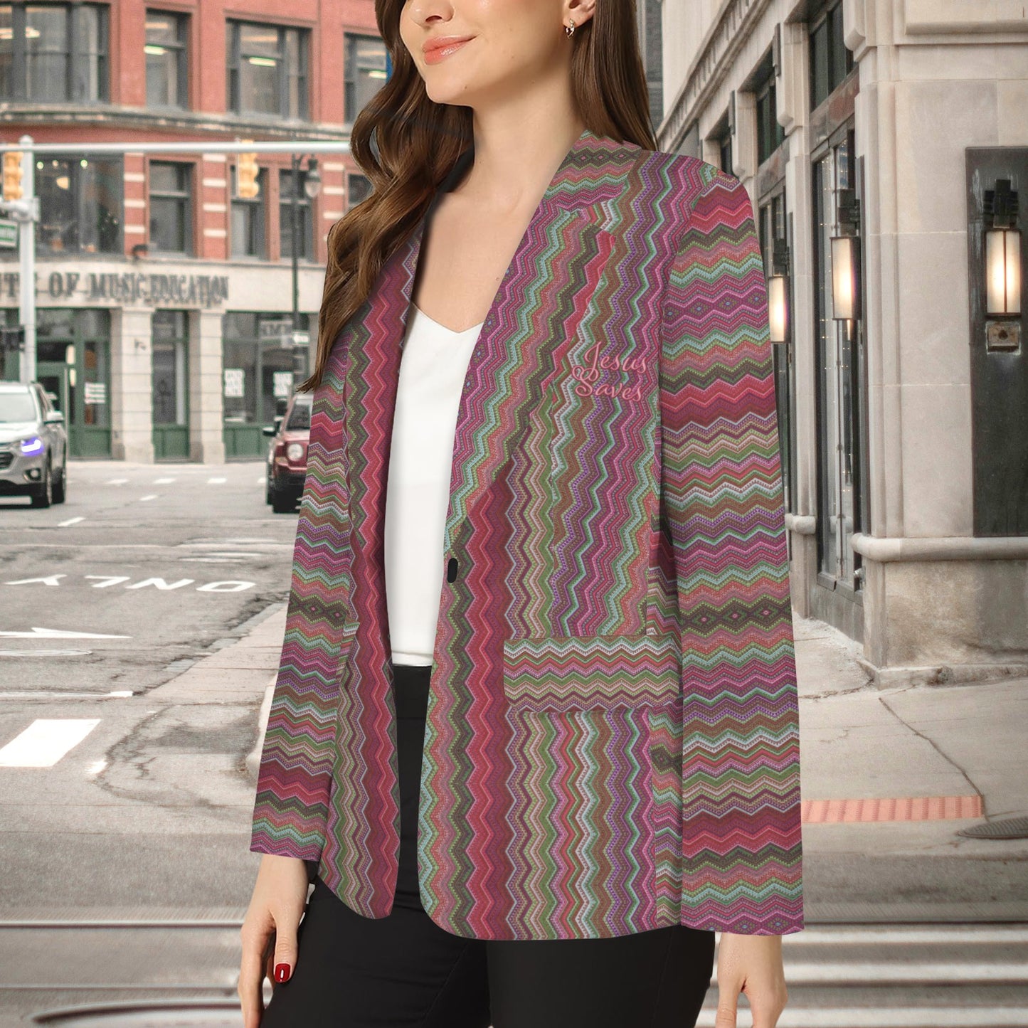 "Jesus Saves" Pink Green Zig Zag Open Front Casual Long Sleeve Blazer 35%off new sales price $51.35