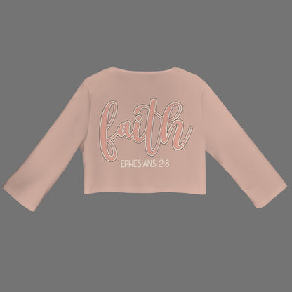 "Faith Ephesians 2:8" Pink Women's Open Front Cropped Blazer