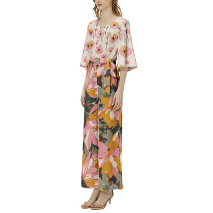 "Jesus" Floral Dolman Sleeve Belted Wide Leg Jumpsuit