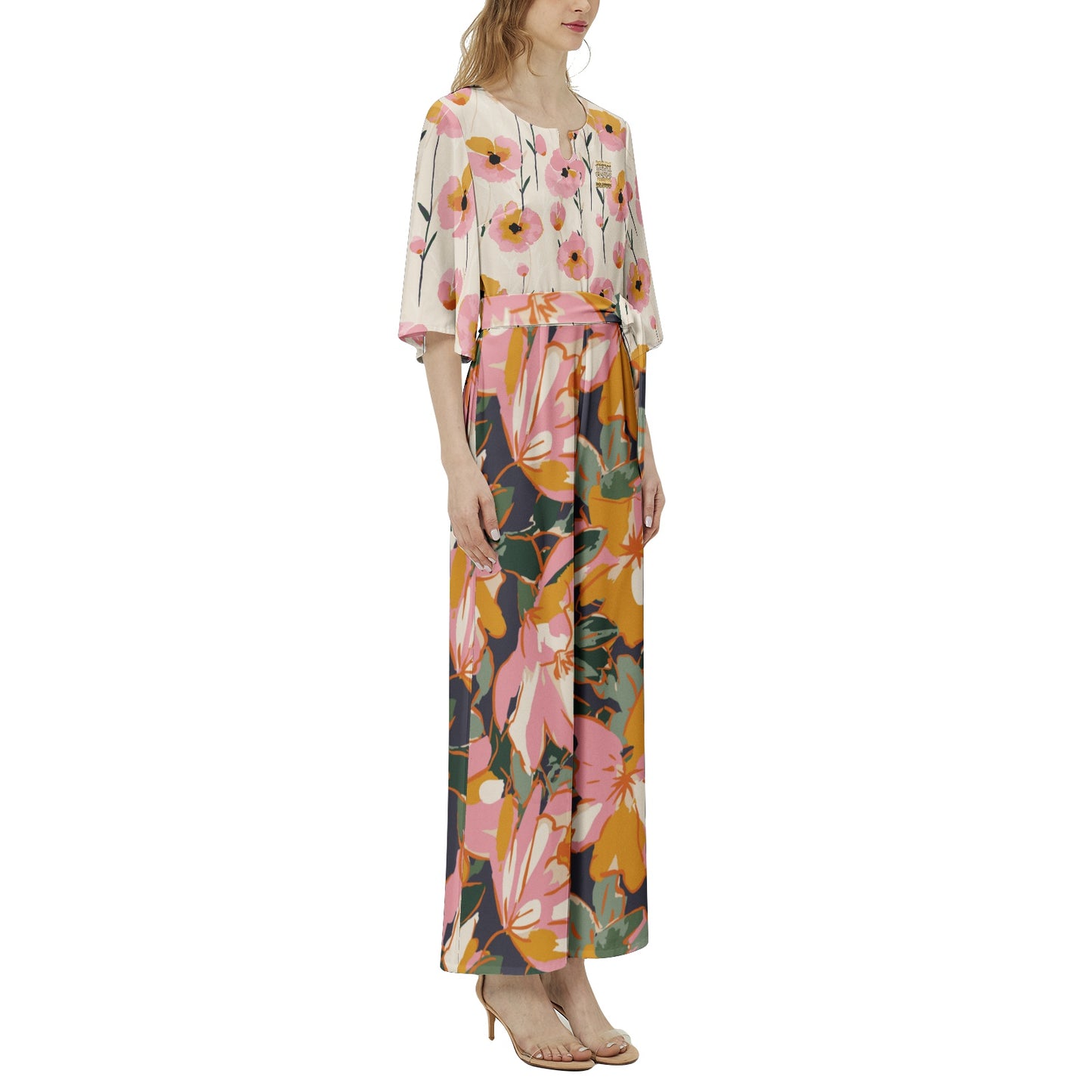 "Jesus" Floral Dolman Sleeve Belted Wide Leg Jumpsuit