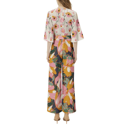 "Jesus" Floral Dolman Sleeve Belted Wide Leg Jumpsuit