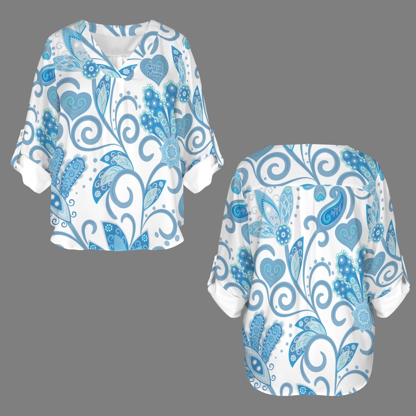 "Loved by Jesus" Blue & White Floral Women's V-Neck Cuffed Sleeve Blouse Tops