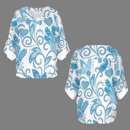 "Loved by Jesus" Blue & White Floral Women's V-Neck Cuffed Sleeve Blouse Tops