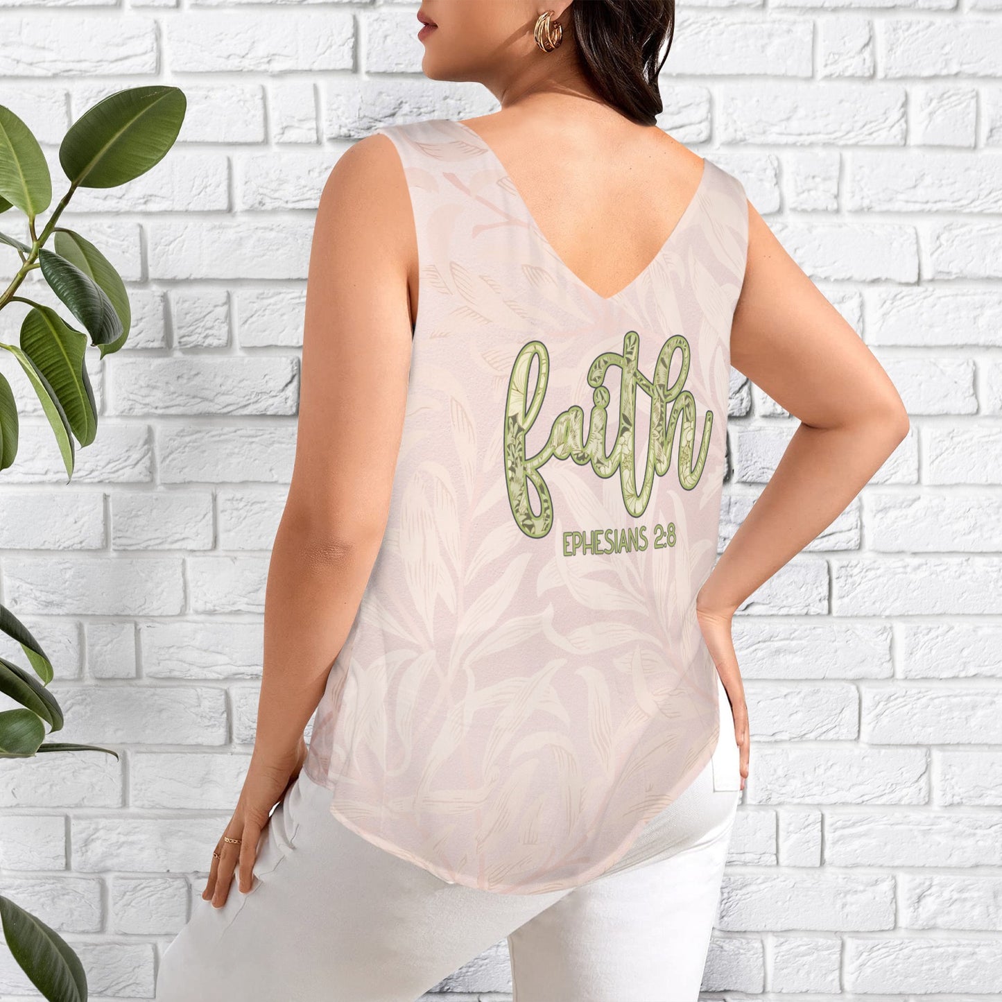 Faith Green Floral Text Pink Women's V-Neck Sleeveless Tank Tops