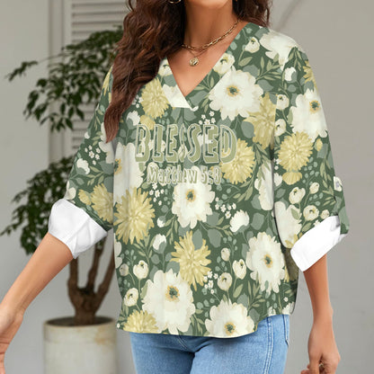 "Blessed Matthew 5:8" Green Floral Women's V-Neck Cuffed Sleeve Blouse Tops