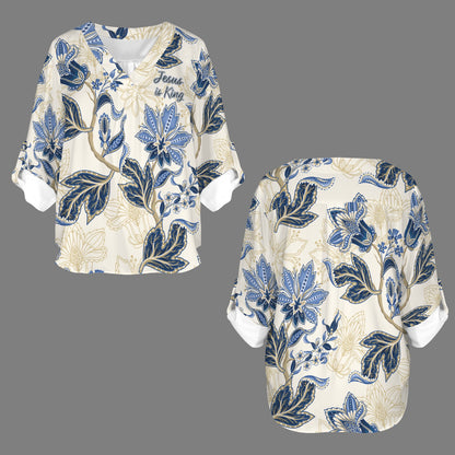 "Jesus is King" Floral Women's V-Neck Cuffed Sleeve Blouse Tops
