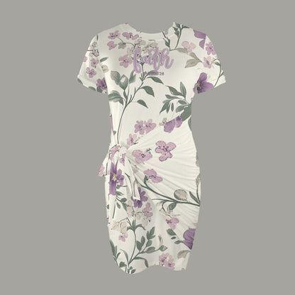 "Faith Ephesians 2:8" White & Purple Floral Fav Short Sleeve Wrap Bodycon Ruched Tie Waist Dress