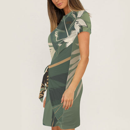 Repent & Believe Green Leaf. Short Sleeve Wrap Bodycon Ruched Tie Waist Dress