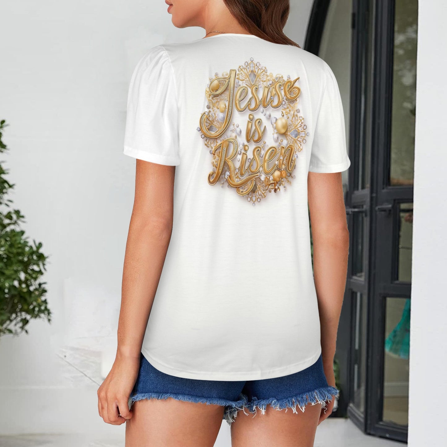 "Jesus is Risen" Gold & White Square Neck Short Sleeve T-Shirts