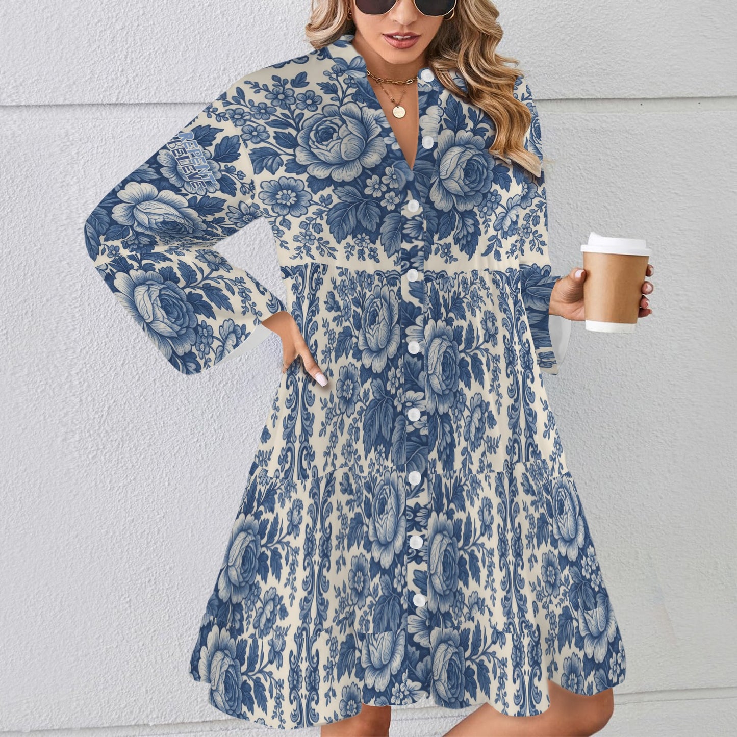 "Repent & Believe" Blue White Floral  Women's Flared Sleeve Button Tiered Shirt Dress