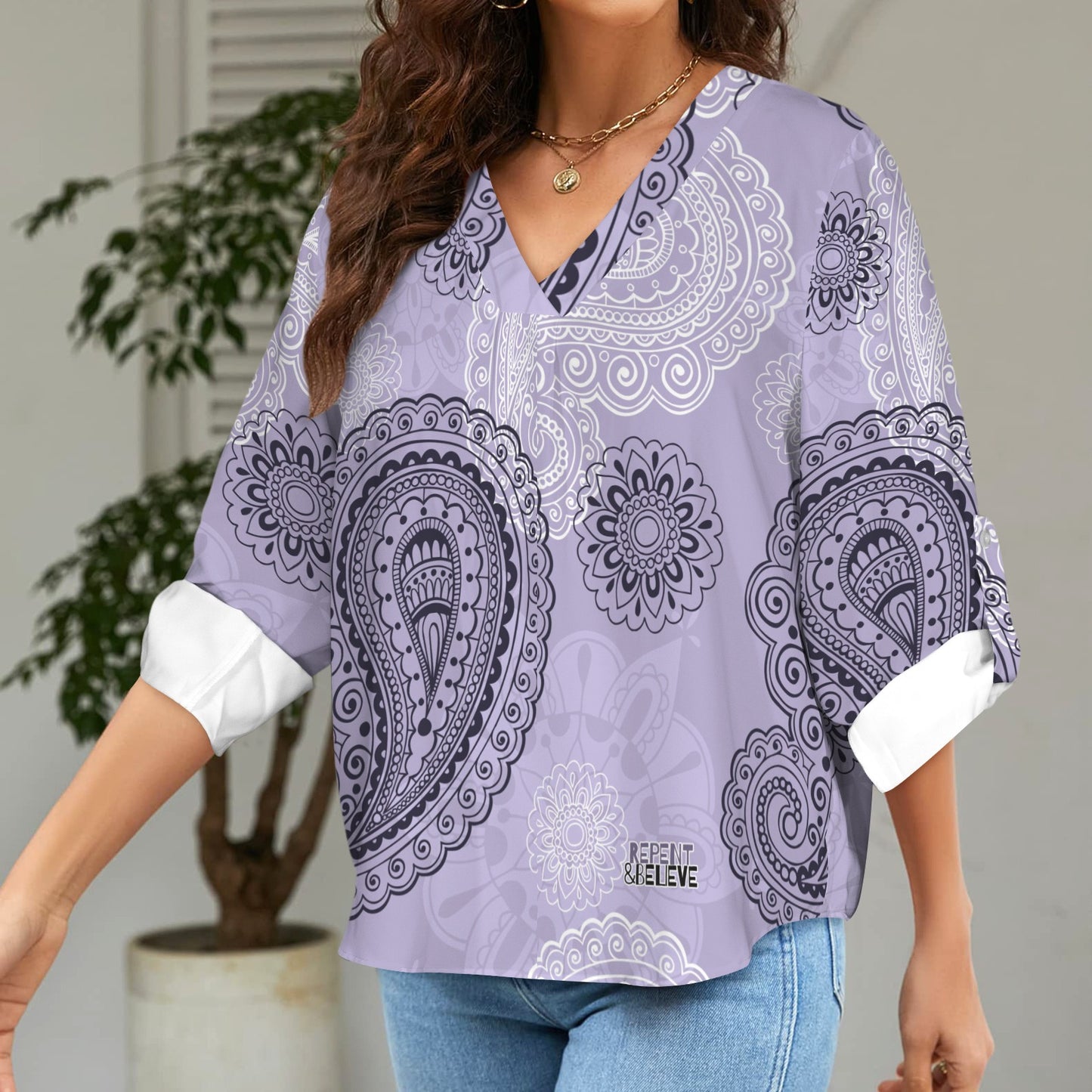 "Repent & Believe" Purple Black Women's V-Neck Cuffed Sleeve Blouse Tops