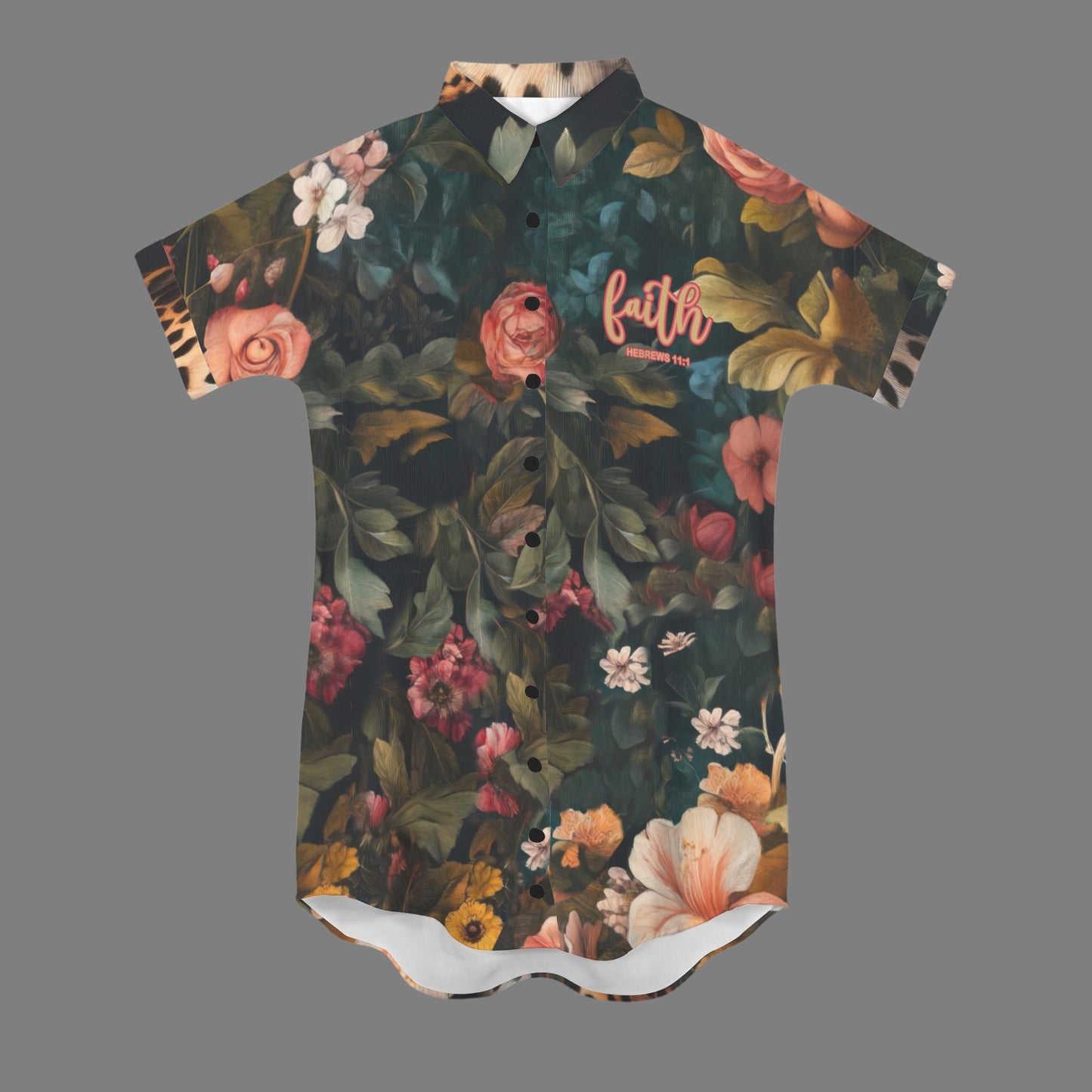 "Faith Hebrews 11:1" Leopard Floral Side Pocket Lapel Button Shirt Dress