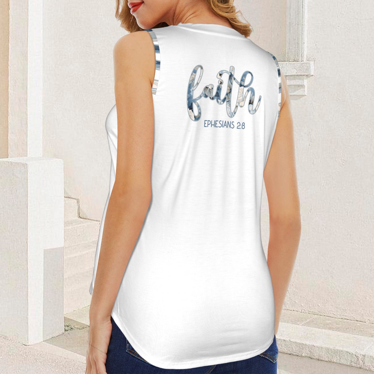 Faith blue Floral Text White Women's V-Neck Sleeveless Tank Tops