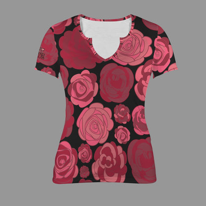 "Repent & Believe" Black Pink Red Rose, Women's Low Neck Short Sleeve T-Shirts