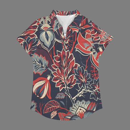 Red & Blue Floral Abstract "Repent & believe" Women's V Neck Pocket Polo Shirts