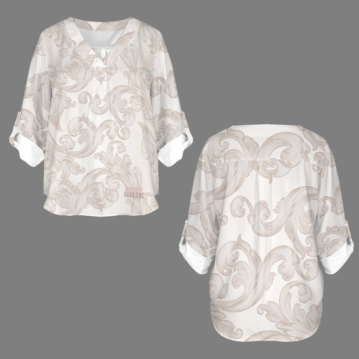 "Repent & Believe" Soft Griege Women's V-Neck Cuffed Sleeve Blouse Tops