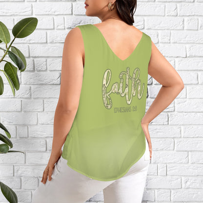 Faith Green Floral Text Women's V-Neck Sleeveless Tank Tops