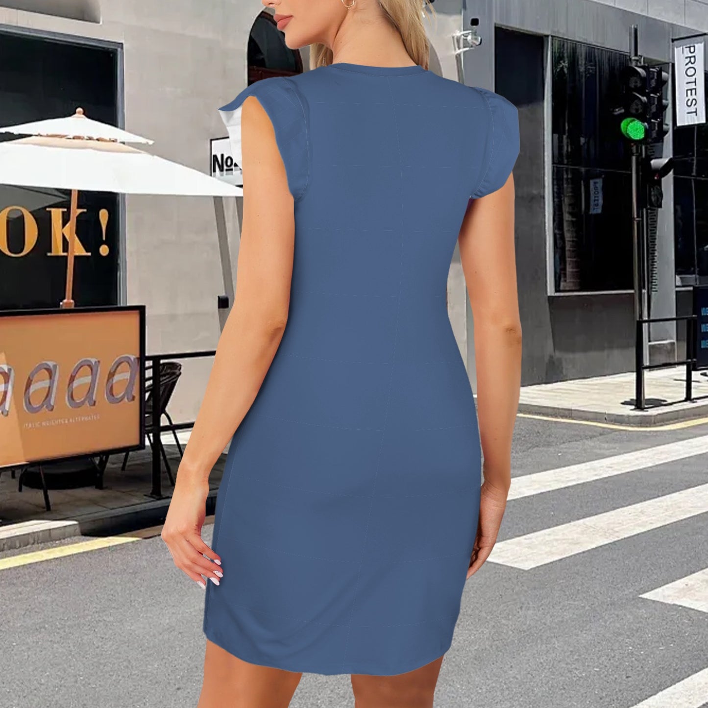 "Faith Ephesians 2:8 Deja Vu Blue Ruffled Bodycon Round Neck Dress