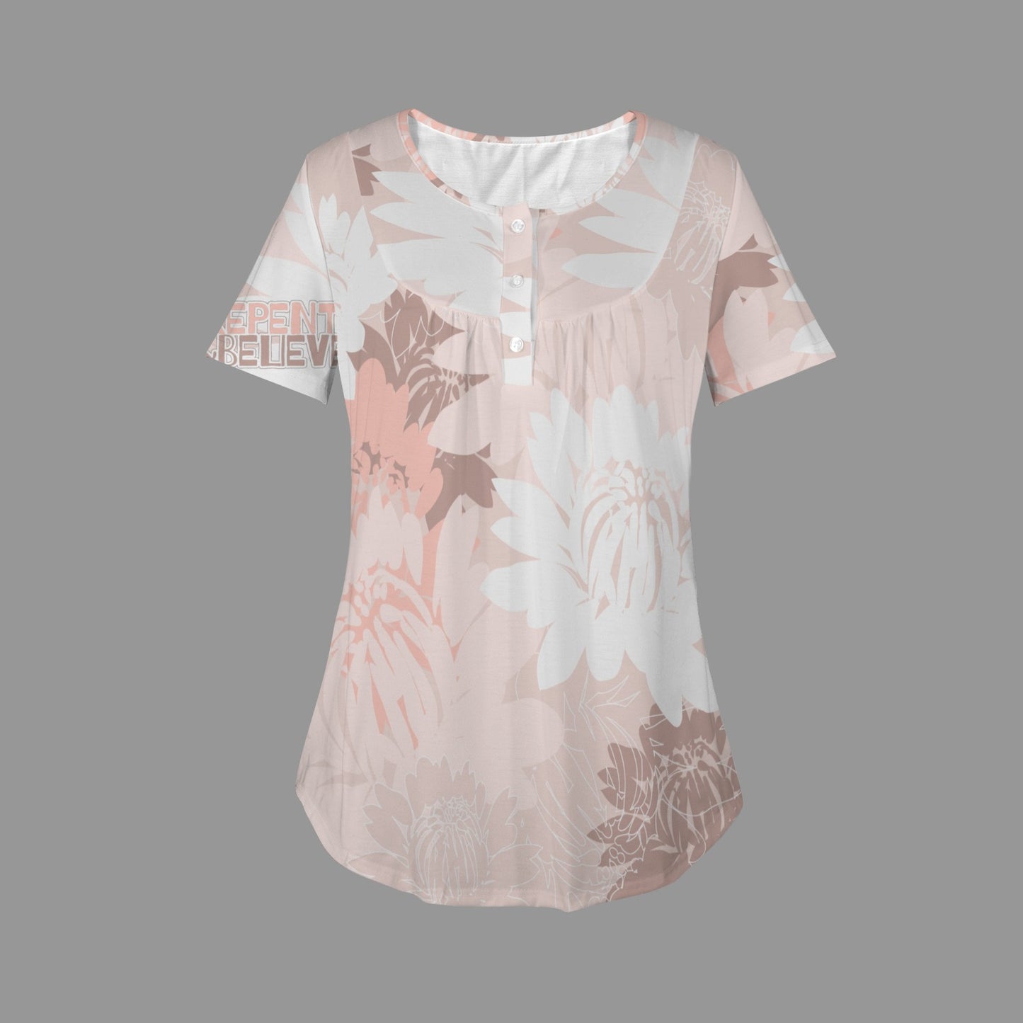 "Repent & Believe" Pink Floral Women's Round Neck Pleated T-Shirts