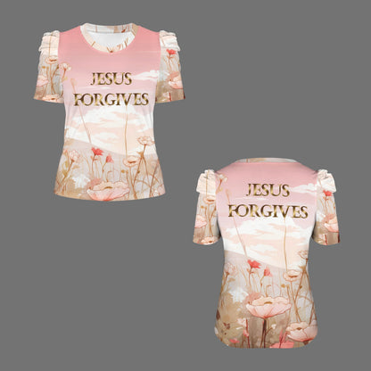 "JESUS FORGIVES" Pink Floral Women's Round Neck Puff Sleeve T-Shirts