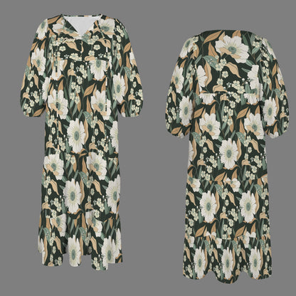 "Jesus" Text Green & White Floral Women's V Neck Half Sleeve Maxi Dress