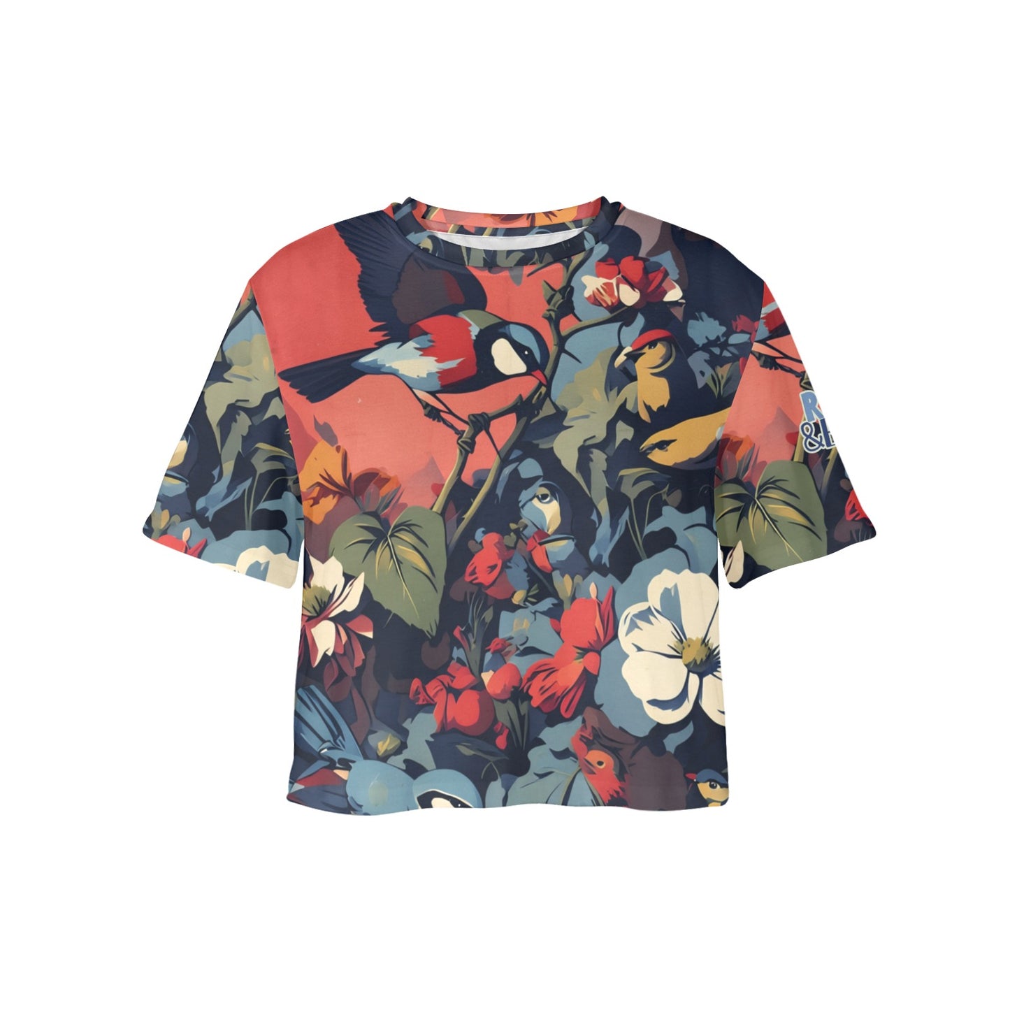 "Repent & Believe" Blue Green Bird floral Women's Short Sleeve Cropped Crew Neck T-Shirt