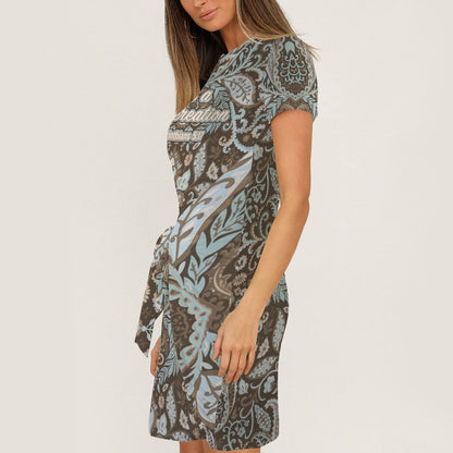 "I am a new creation" Brown Paisley Short Sleeve Wrap Bodycon Ruched Tie Waist Dress