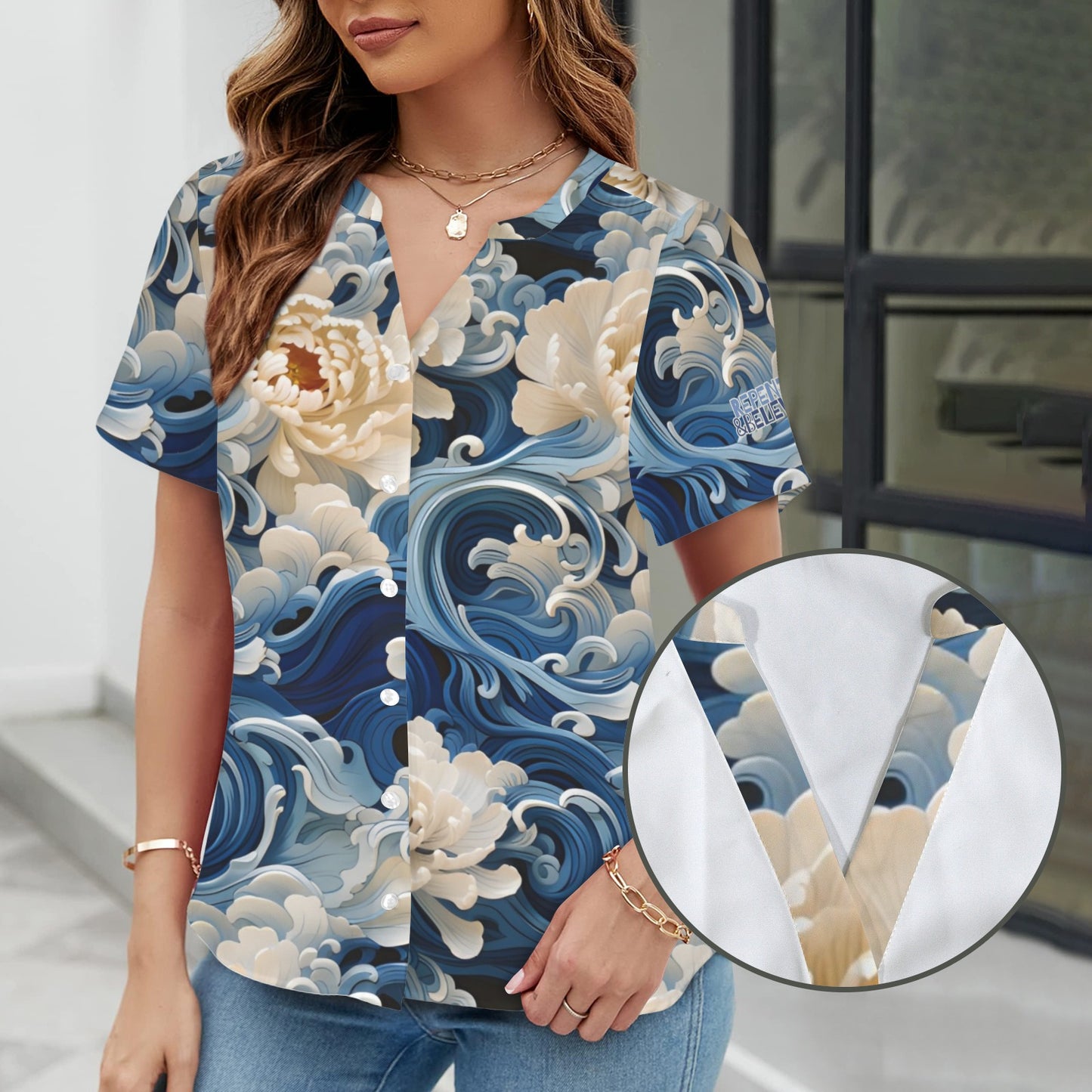 "Repent & Believe" Blue White Floral Women's V-Neck Button Short Sleeve Blouse Top