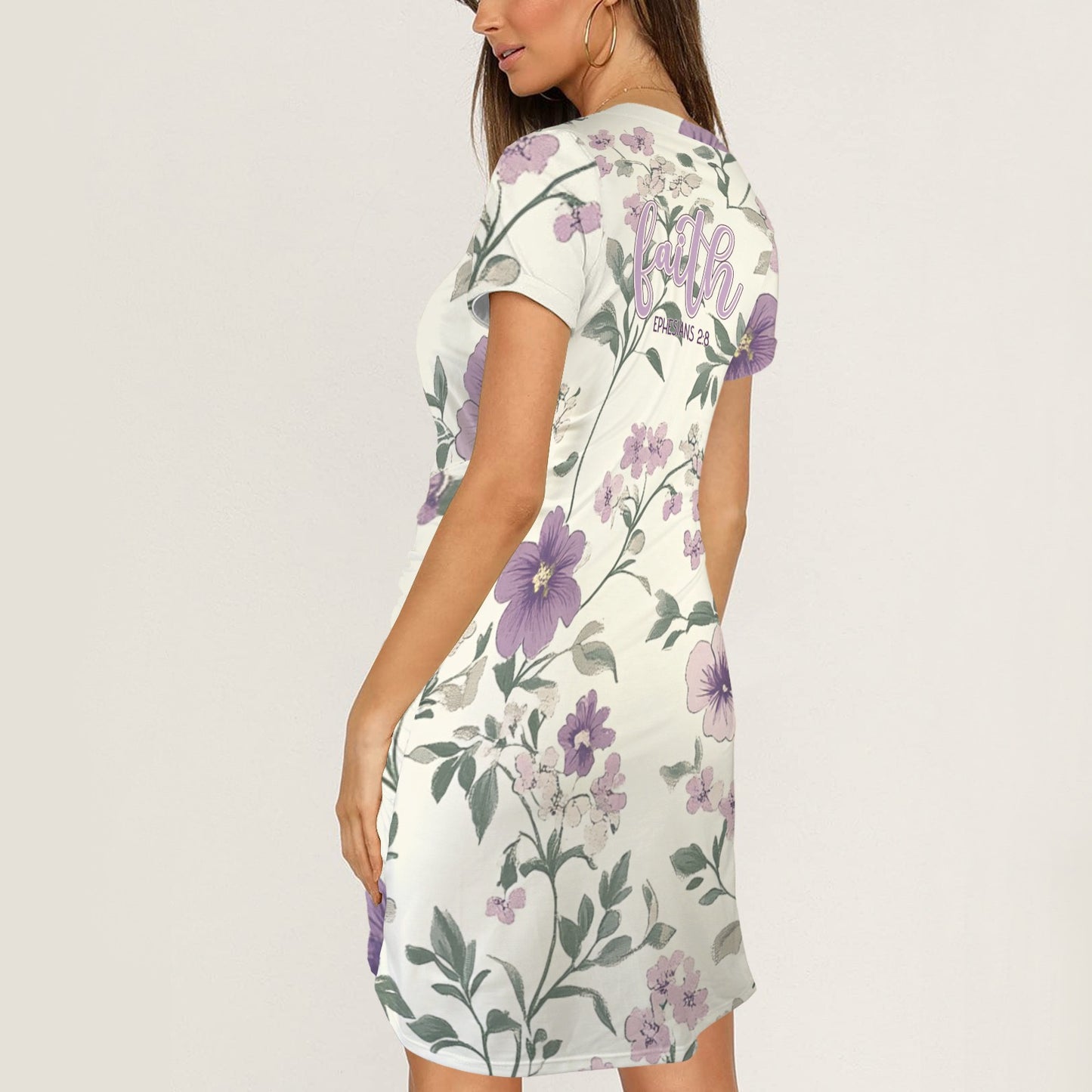 "Faith Ephesians 2:8" White & Purple Floral Fav Short Sleeve Wrap Bodycon Ruched Tie Waist Dress