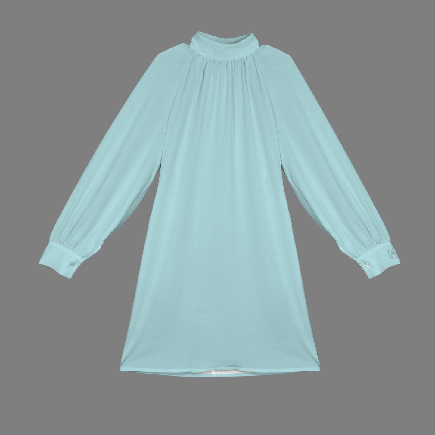 "Faith Ephesians 2:8"  Limpet Shell Blue text on cuff Mock Neck Long Lantern Sleeve Mini Dress