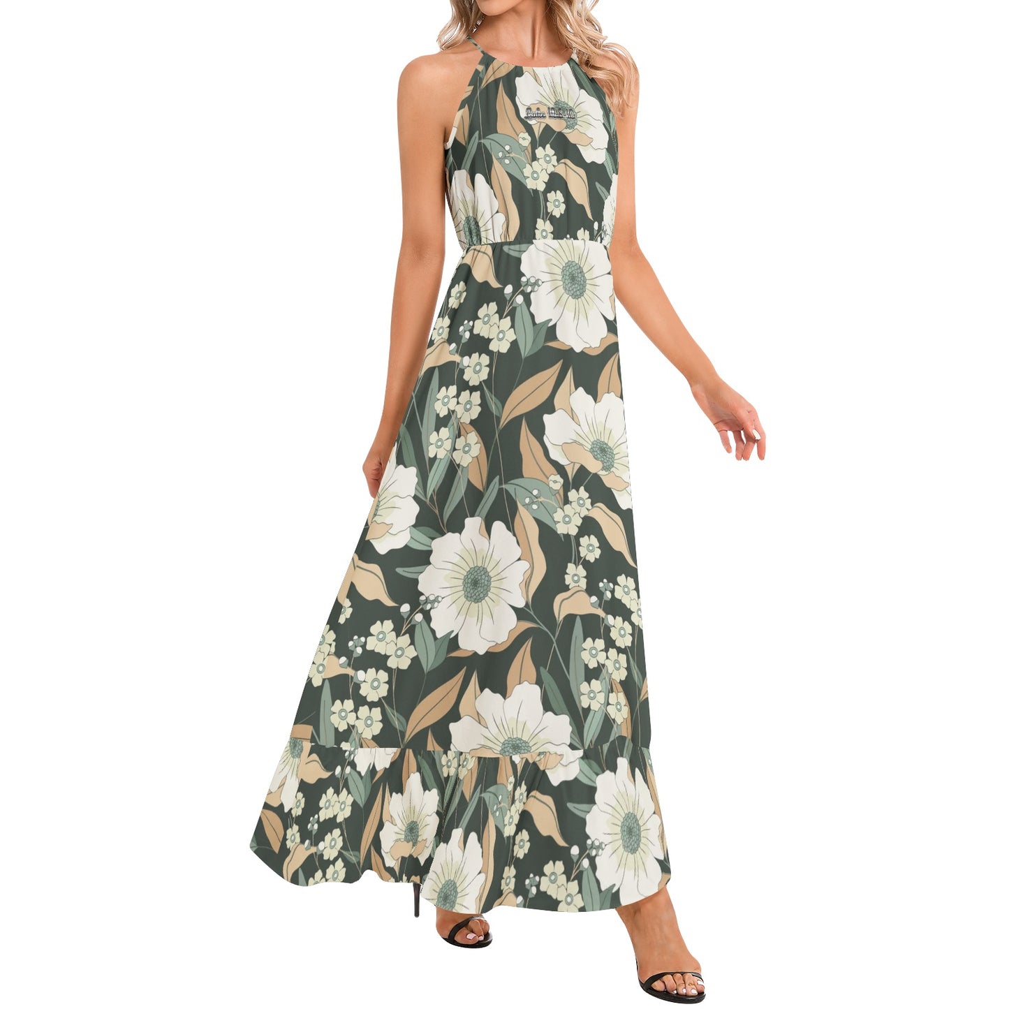 "Luke 12:8-10" Hayes Floral Ruffle Hem Halter Neck Maxi Dress